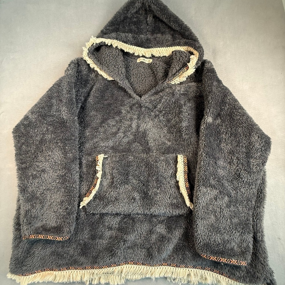 Natural Life Sherpa Fleece Hoodie Gray Fringe Boho Oversized One Size Pullover